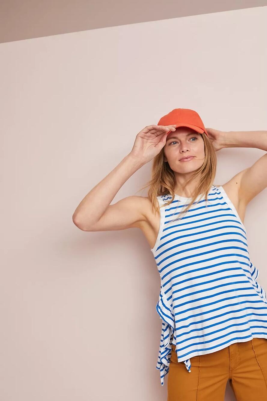 Current/Elliott Blue + White Striped Ruffle Side Slit Tank Top Size 2 or Medium